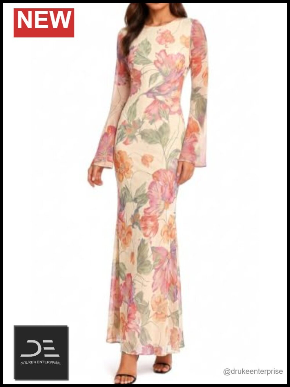Floral Mesh Long Sleeve Bodycon Maxi Cocktail Party Dress